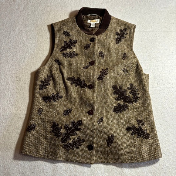 Talbots Jackets & Blazers - Talbots Womens Vest Tan Brown Herringbone Oak Leaf Applique Button Front Size S‎